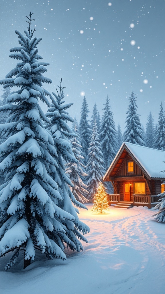 A winter landscape with snow-covered trees and a cozy cabin, embodying the spirit of Christmas.